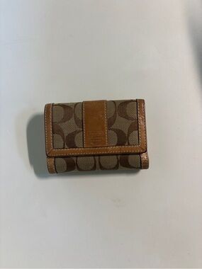 Coach Brown Signature Canvas Small Wallet with Leather Trim